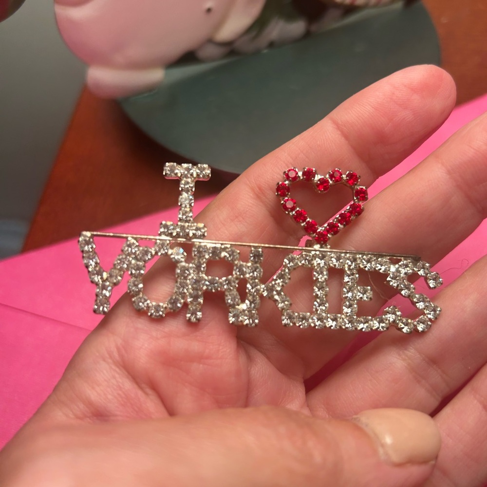 I Love Yorkies Rhinestone Brooch